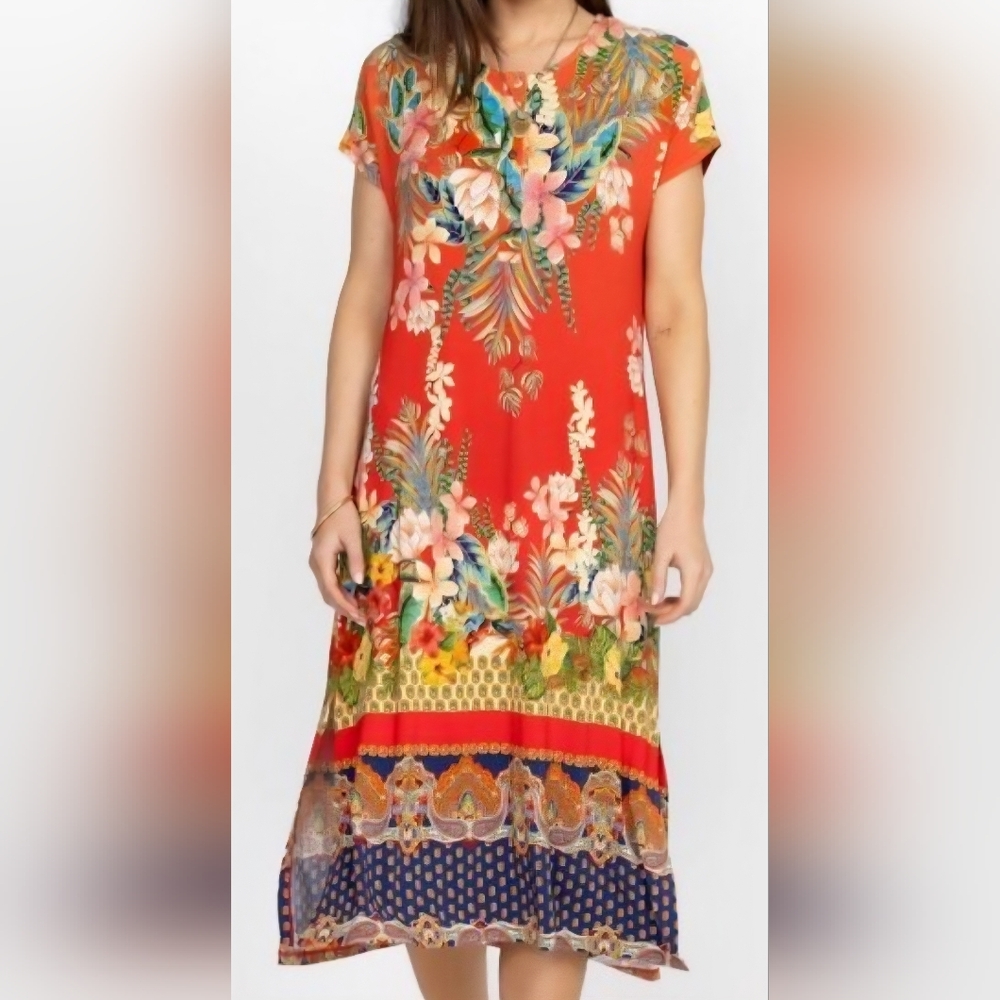 Johnny Was Coral Floral Maxi Dress with Multicolor Border